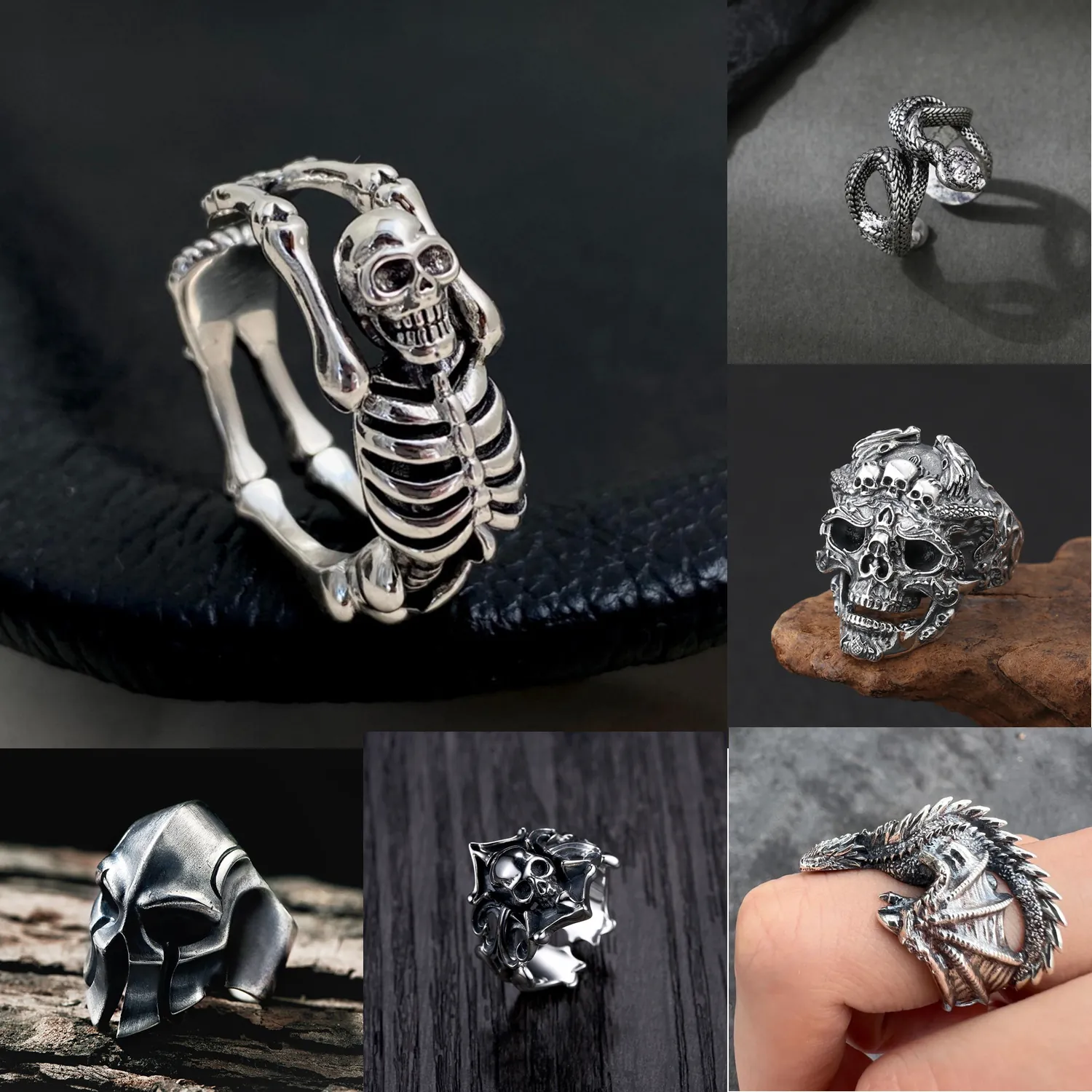 Vintage Punk Gothic Verstellbare Ringe Halsketten Für Herren Damen Retro Kupfer Skelett Drache Schlange Kreuz Biker Accessoires