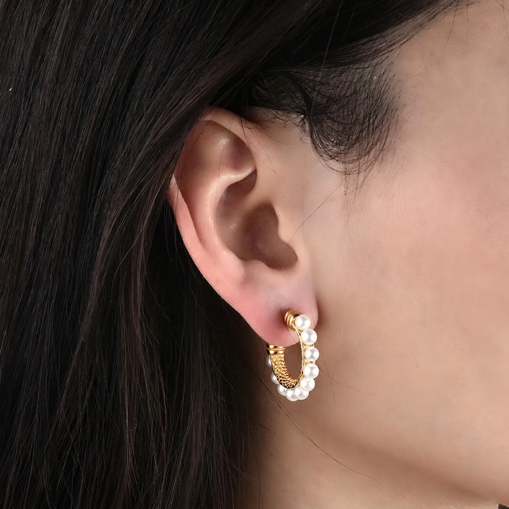 Orecchini A Lobo A Forma Di C Placcati Oro 18K Acciaio Al Titanio Perla Artificial Sintetica Trama Retrò Stile Francese Da Donna