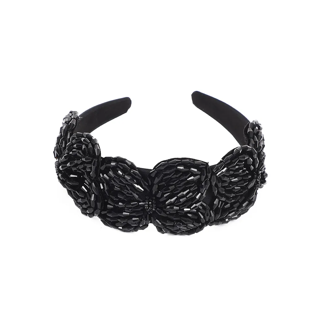 Handmade Beaded Headband Women Crystal Flower Wide Sparkly Fabric Hairband Vintage Style Fashion Hair Accessories