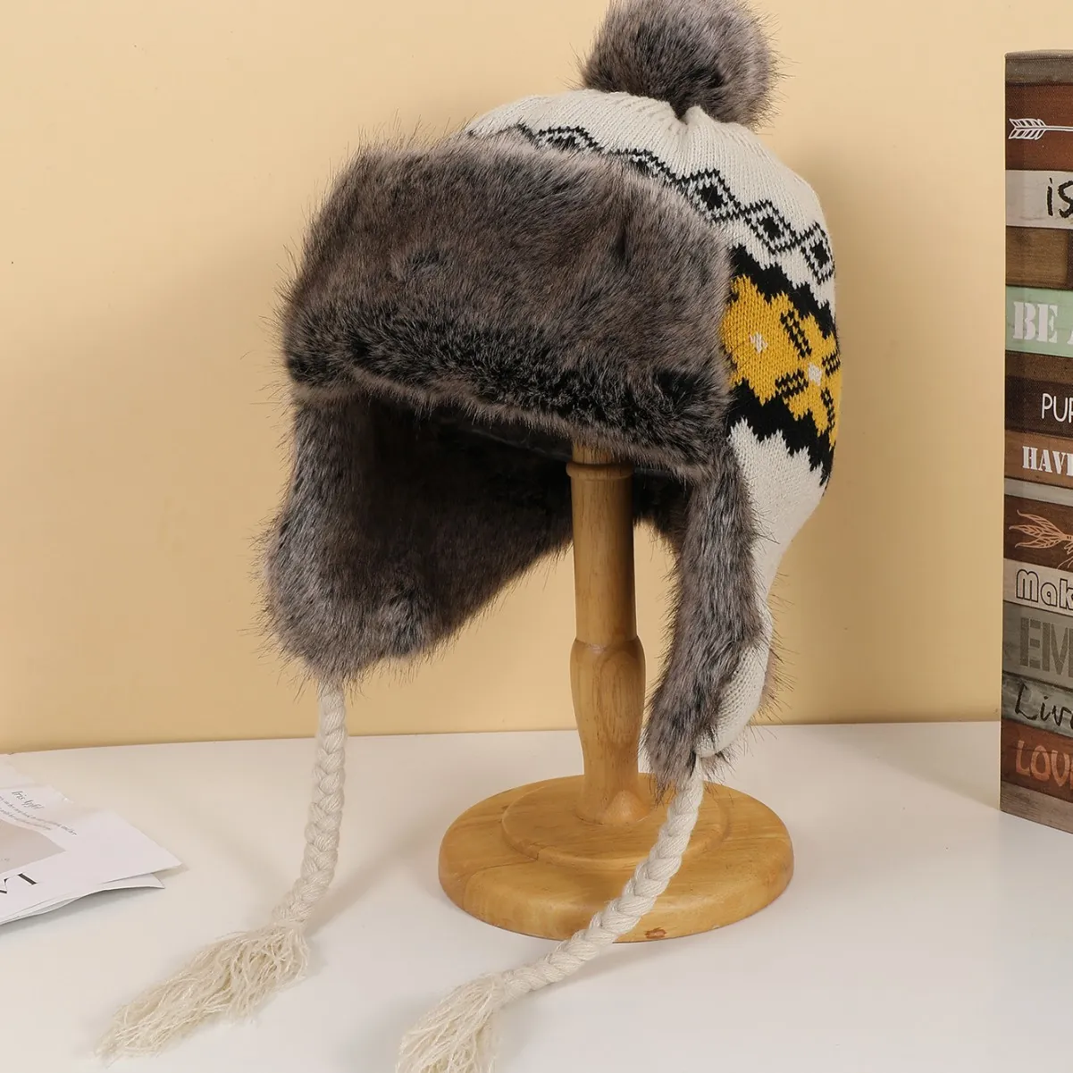 Knit Faux Fur Trapper Hat Winter Earflap Windproof Maple Leaf Leopard Print Outdoor Skiing Thermal Cap Men Women