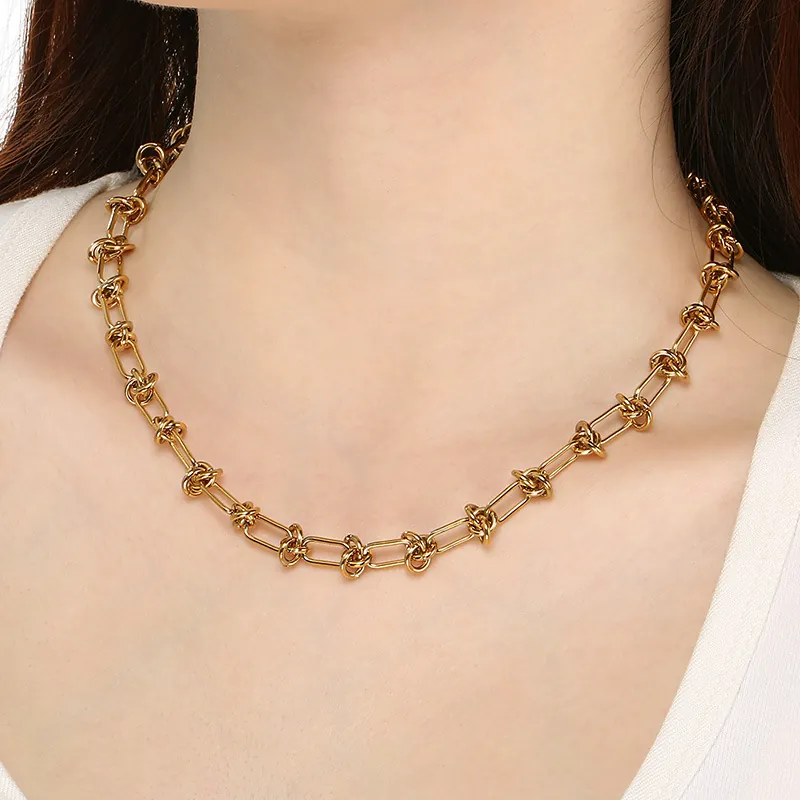 Collier À Chaîne À Noeuds En Acier Inoxydable Maillons Géométriques Plaqué Or 18K Bijoux Minimalistes Pour Hommes Femmes
