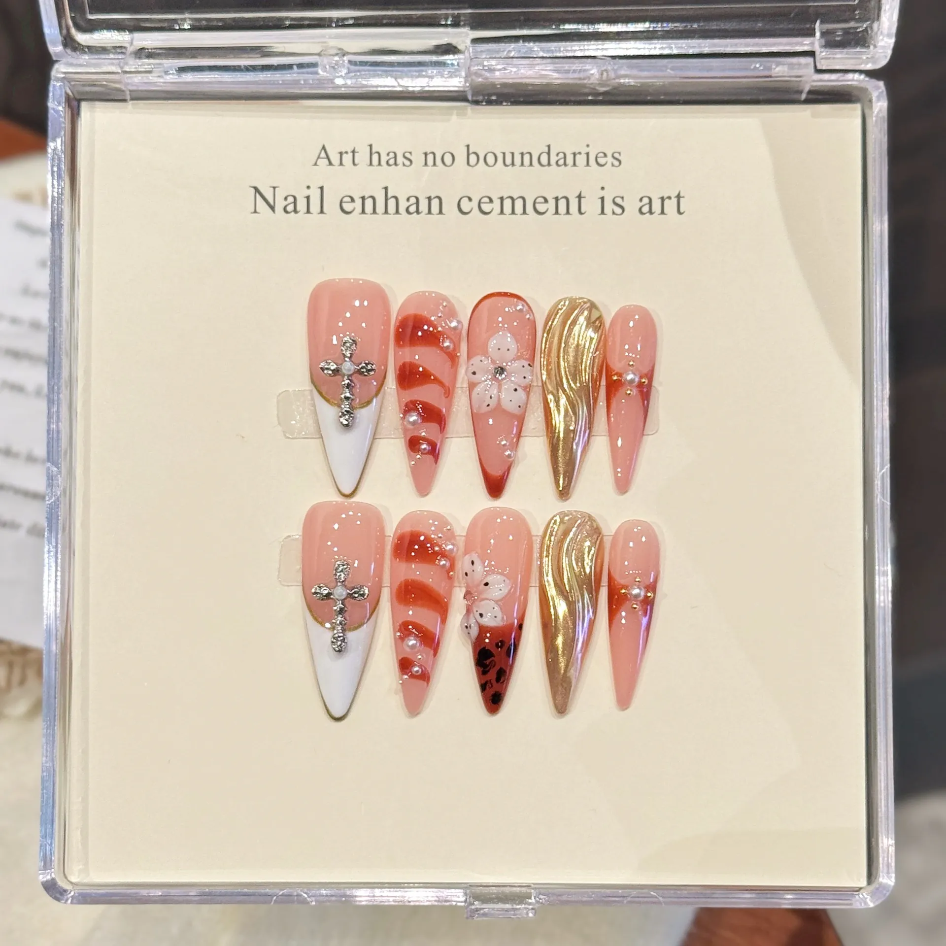 Long Stiletto Press On Nails Handmade Sacred Cross 3D Relief Mirror Powder Leopard Print French Style False Nails Artificial Pearl Rhinestone Decor