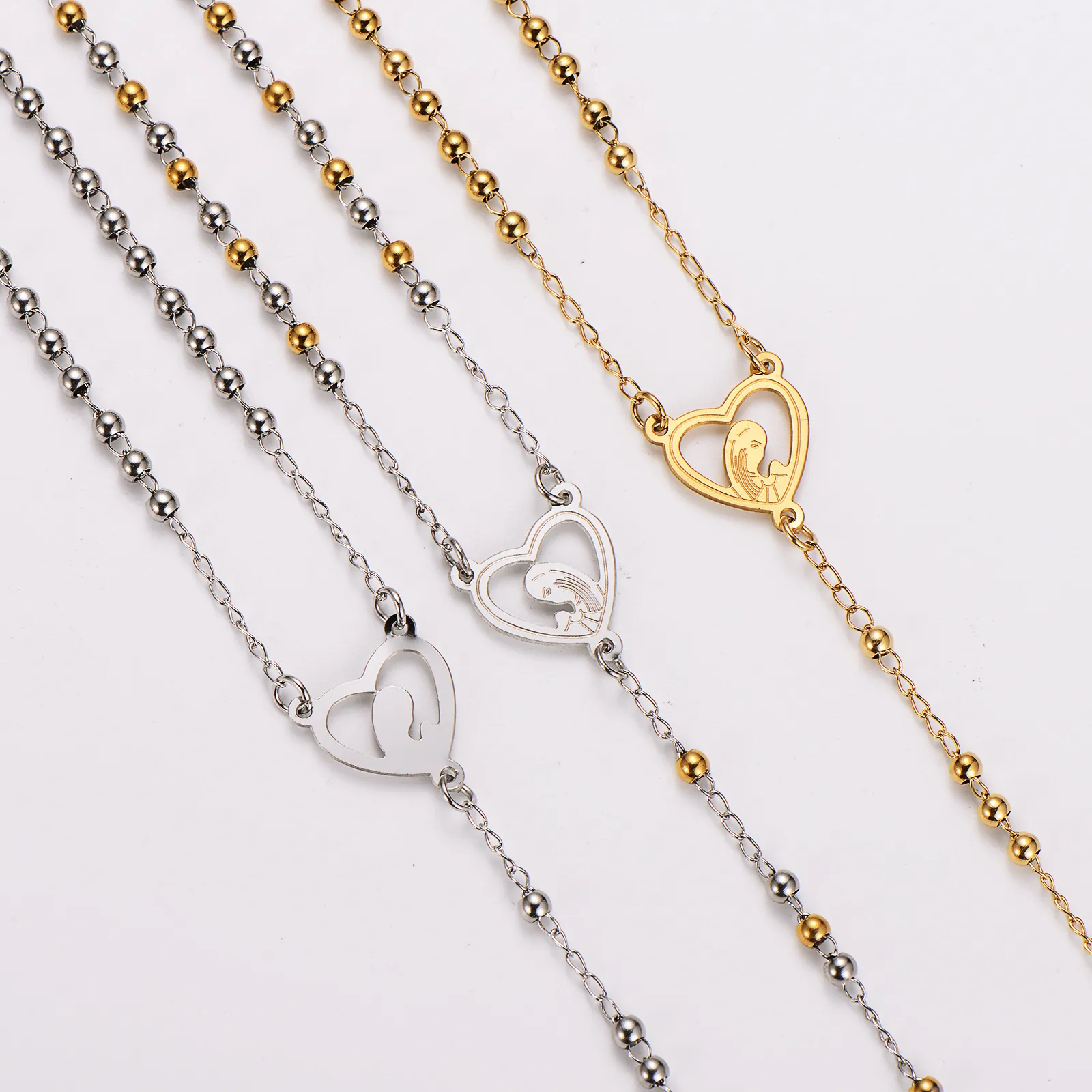Rosenkranz Halskette 304 Edelstahl Perlenkette Herz Medaille Jungfrau Maria Kreuz Anhänger Religiöser Schmuck Für Damen