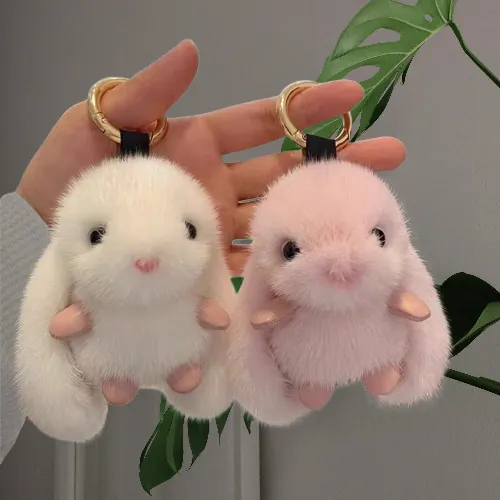 Cute Plush Rabbit Keychain Fluffy Bunny Bag Charm Faux Mink Fur Pendant Soft Toy For Car Keys And Schoolbags