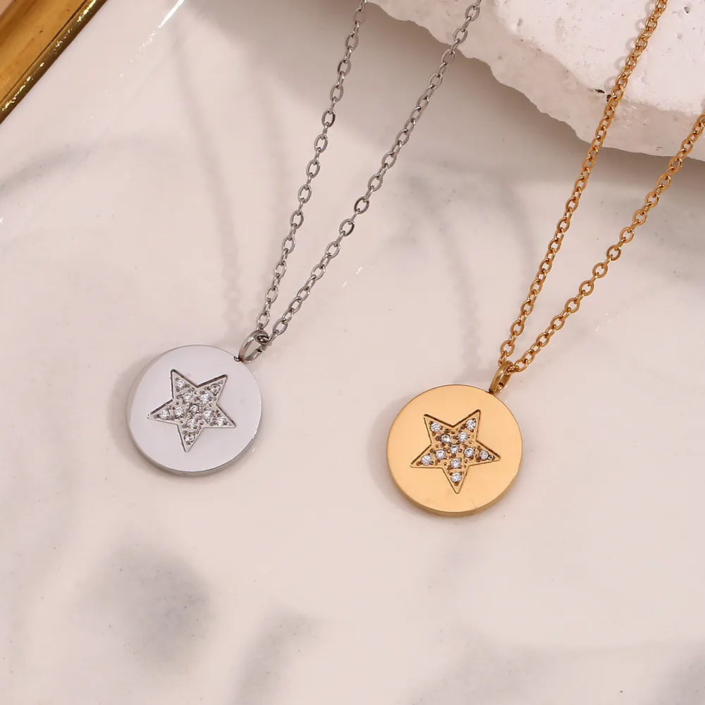 Collier Pendentif Étoile Disque Rond En Acier Inoxydable Incrusté De Zircons Bijoux De Mode Pour Femmes Accessoire Quotidien