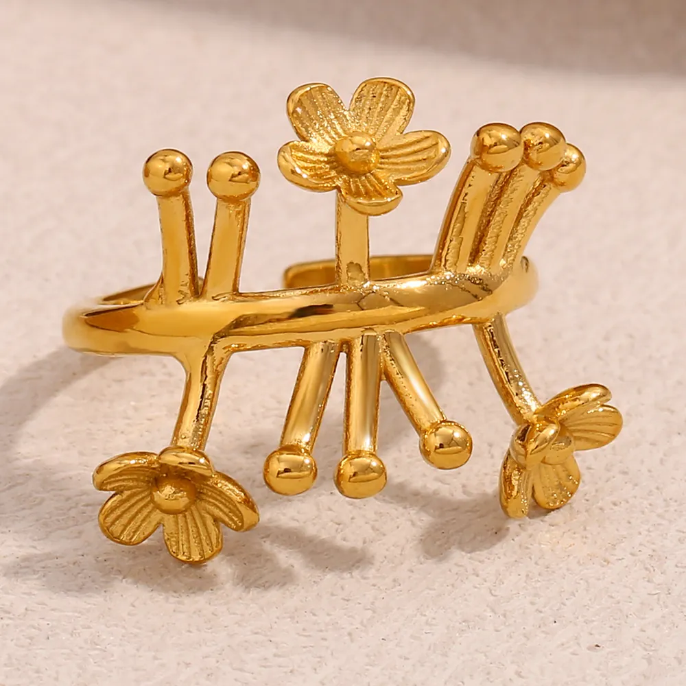 Bague Ouverte Design Fleur Plaqué Or 18K Acier Inoxydable Ajustable Motif Branche Bijoux Mode Femmes