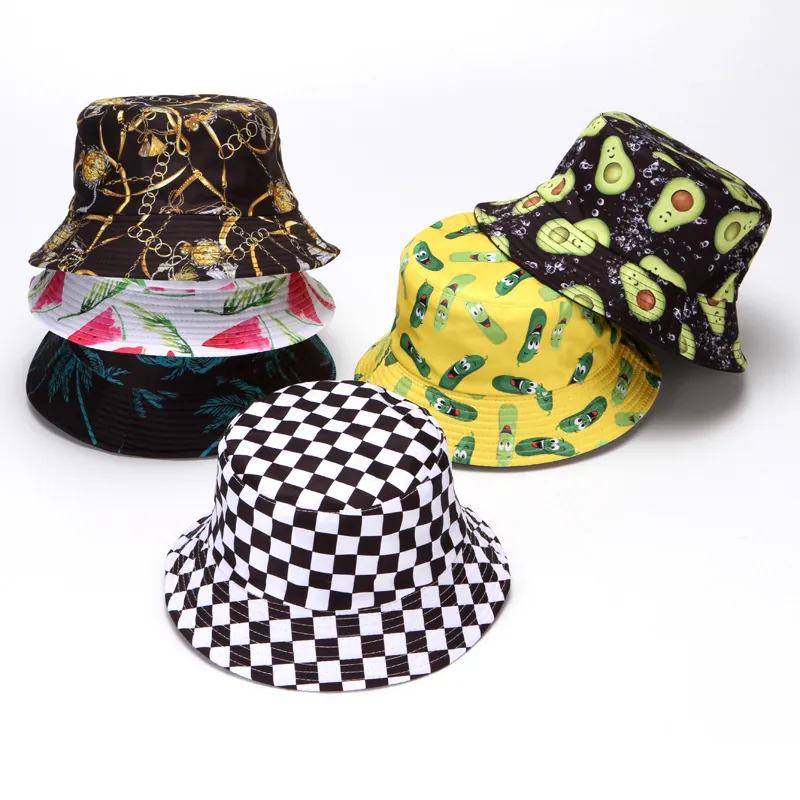 Unisex Reversible Bucket Hat Polyester Double Sided Sun Hat Cute Cartoon Printed Foldable Fisherman Hat For Outdoor Travel