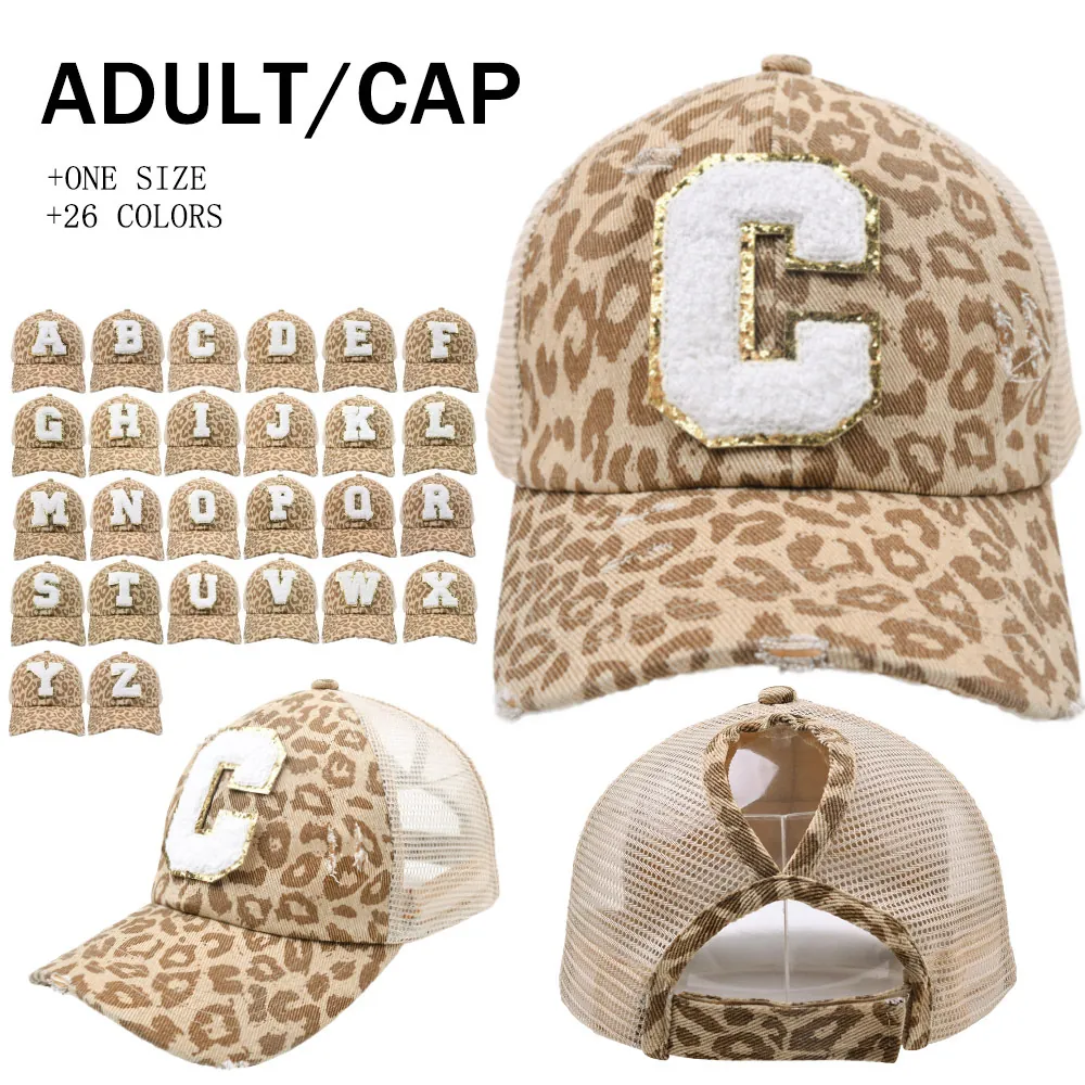 Cappello Da Baseball Maculato Con Patch Alfabeto Coda Di Cavallo Mesh Trucker Distressed Cotone Lettera Donne Outdoor