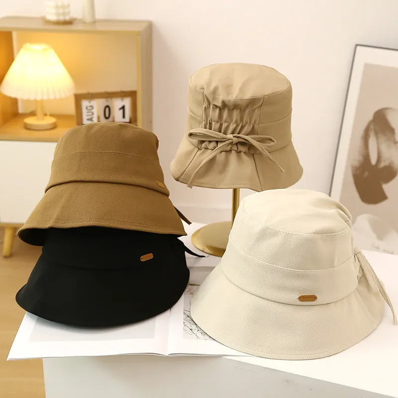 Women Bucket Hat Cotton Twill Sun Protection Wide Brim Bow Knot Back Casual Korean Ins Style Elegant Fisherman Cap
