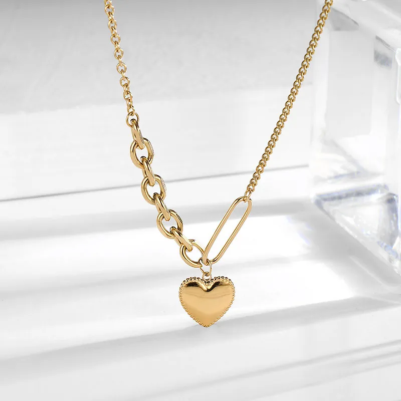 Collana Con Ciondolo A Cuore In Acciaio Inossidabile Placcato Oro 18K Catena A Maglie Asimmetriche Gioielli Per Donna