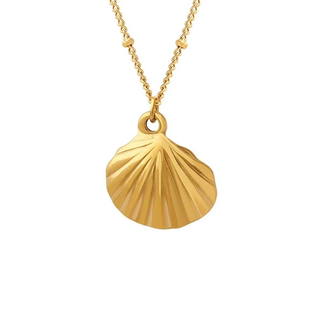 Scallop Shell Pendant Necklace 18K Gold Plated Titanium Stainless Steel Satellite Bead Chain Minimalist For Women
