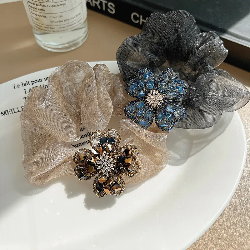 Elegant Sparkling Rhinestone Clover Flower Scrunchie Organza Mesh Elastic Hair Tie Hair Accessories For Women Girls