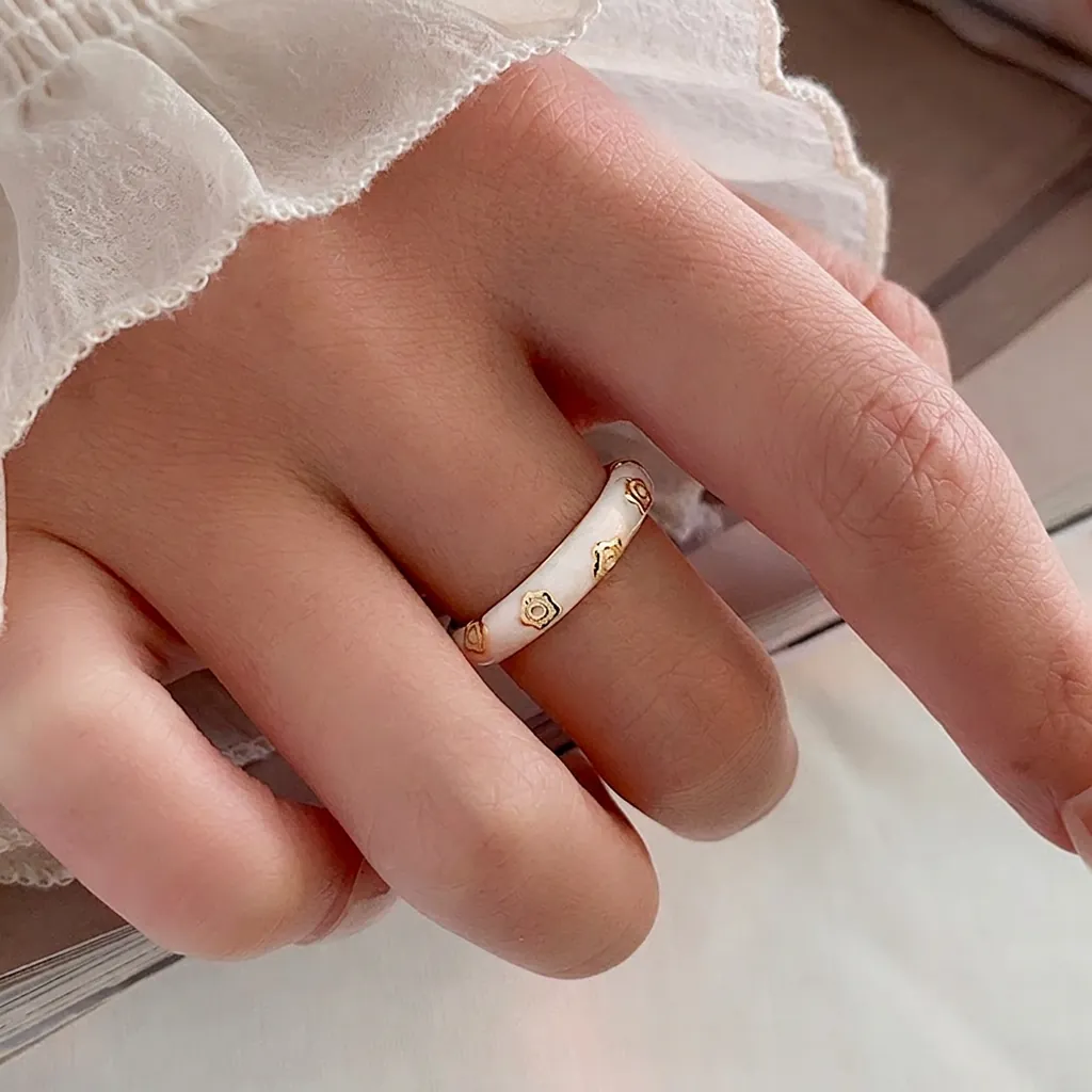 Anello Aperto Fiore Smaltato Placcato Oro Regolabile Motivo Margherita Stella Verde Menta Bianco Gioielli Retrò Francesi