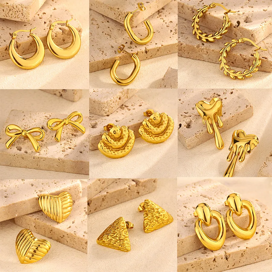 Stainless Steel Earrings Gold Plated Geometric Heart Bow Lava Shape Textured Minimalism Elegant Jewelry For Women