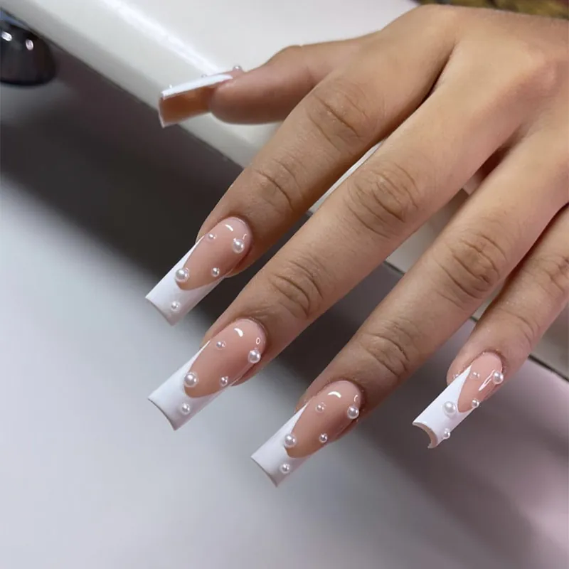 French Tip Press On Nails Long Square Nude Pink Artificial Pearl Artificial Fake Fingernails Elegant Manicure Accessory