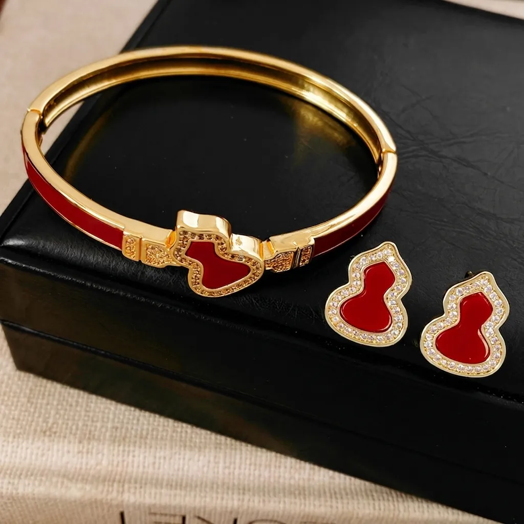 Hulu Gourd Armband Und Ohrringe Vintage Vergoldetes Kupfer Zirkon Roter Emaille Mit Silbernem Ohrstecker Für Damen