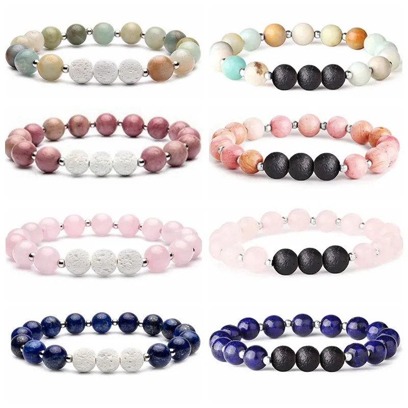 Natural Stone Beaded Bracelet With Lava Rock And Stainless Steel Spacers Elastic Yoga Healing Jewelry For Men Women
