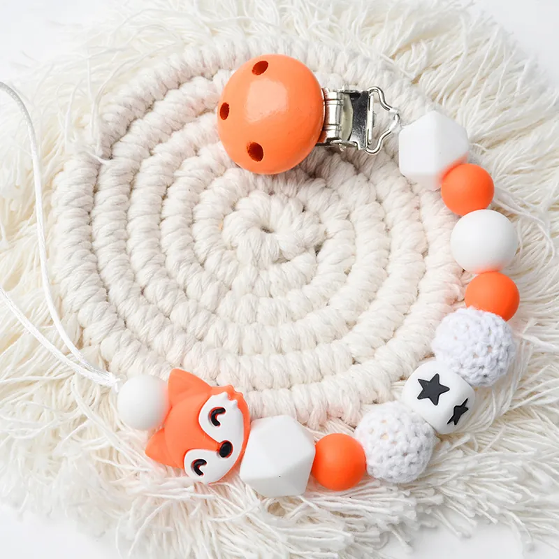 Silicone Wood Crochet Beads Baby Pacifier Clip Chain Fox Shape Star Pattern Anti Drop Soothing Teether For Infants