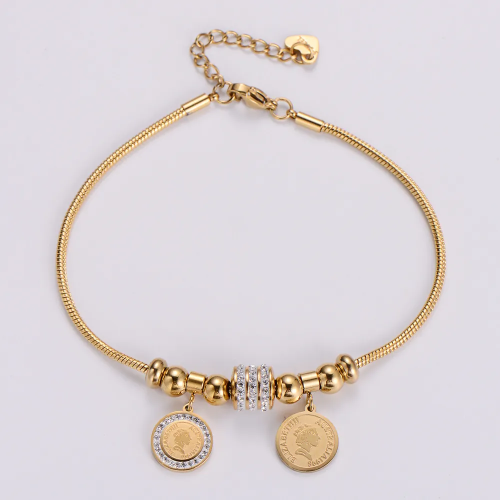 Stainless Steel Bracelet With Queen Elizabeth II Coin Pendant And Rhinestone 18K Gold Plated Snake Chain For Women