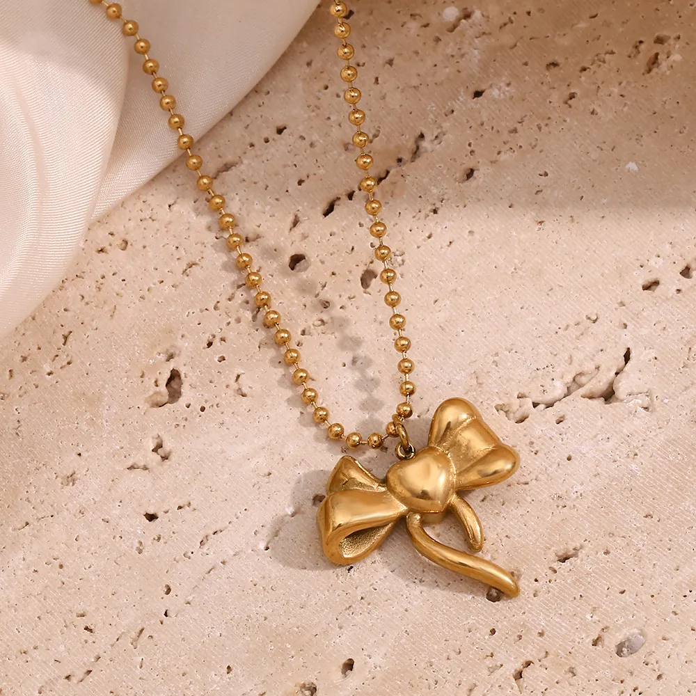 Sweet Bow Heart Pendant Necklace 18K Gold Plated Stainless Steel Ball Chain Fashion Jewelry For Women