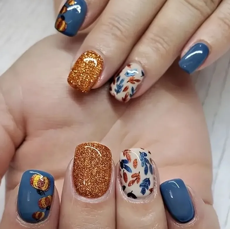 Press On Nails Short Square Pumpkin Maple Leaf Thanksgiving Theme Glitter Navy Blue Fake Nails For Women