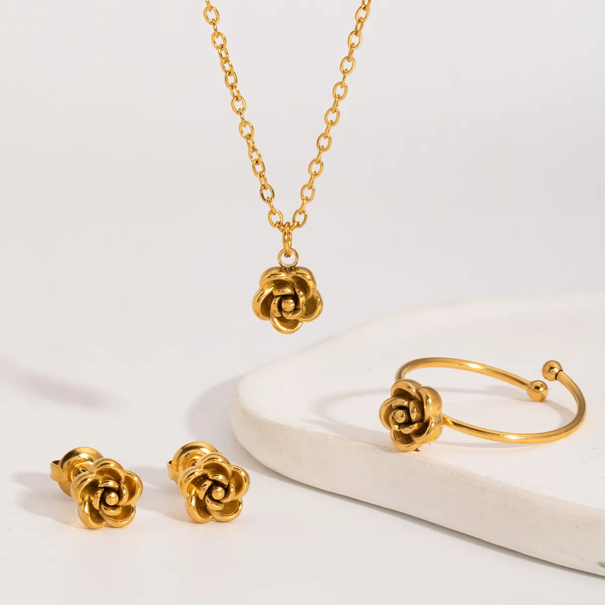 Rose Flower Necklace Earrings Ring Bracelet 304 Stainless Steel PVD Gold Plated Women Elegant Waterproof Hypoallergenic