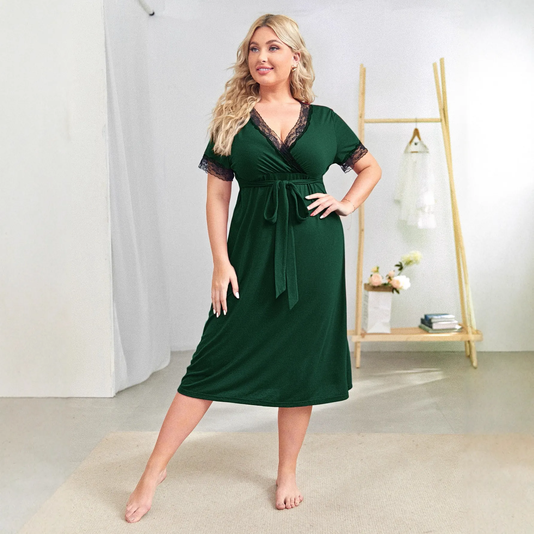Plus Size Women Dress V Neck Lace Trim Short Sleeve Tie Waist Mid Length Polyester Spandex Casual Solid Color Elegant