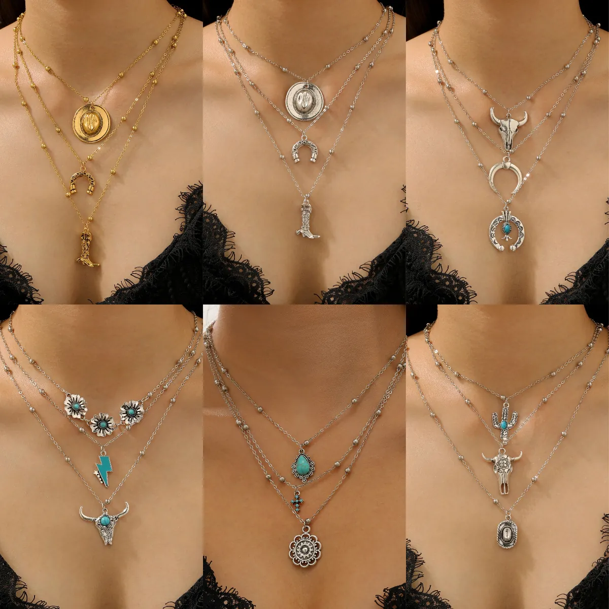Collana a Strati Western Cowboy Vintage Bohemian in Lega di Zinco Antica Con Ciondolo a Testa di Toro Stivale da Cowboy Ferra a Cavallo Turchese Gioielli Donna