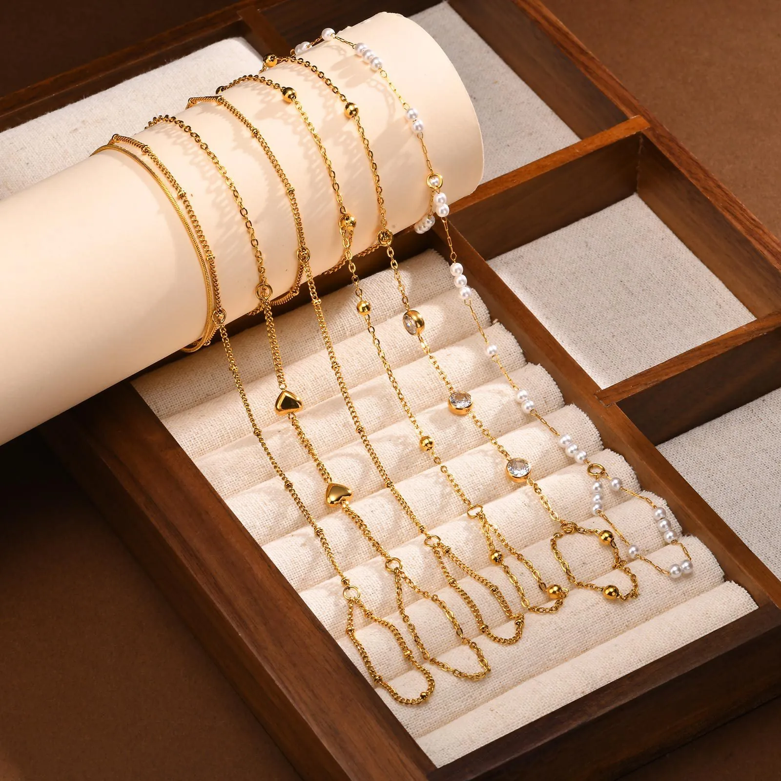 Stainless Steel Hand Chain Slave Bracelet Gold Plated Minimalist Heart Artificial Pearl Zirconia Finger Ring Wrist Link For Women