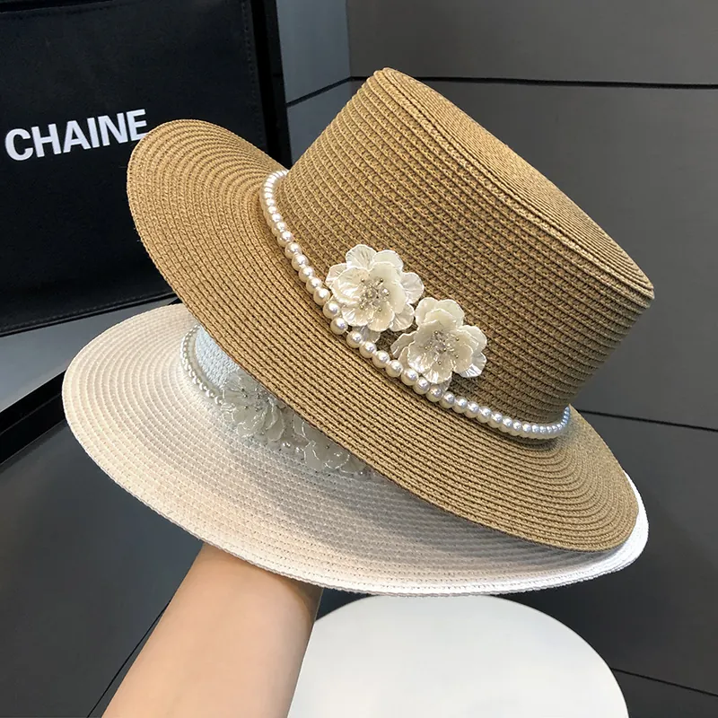 Women Straw Boater Hat Artificial Pearl Flower Decor Wide Brim Sun Protection Adjustable Elegant Summer Beach Travel Accessory