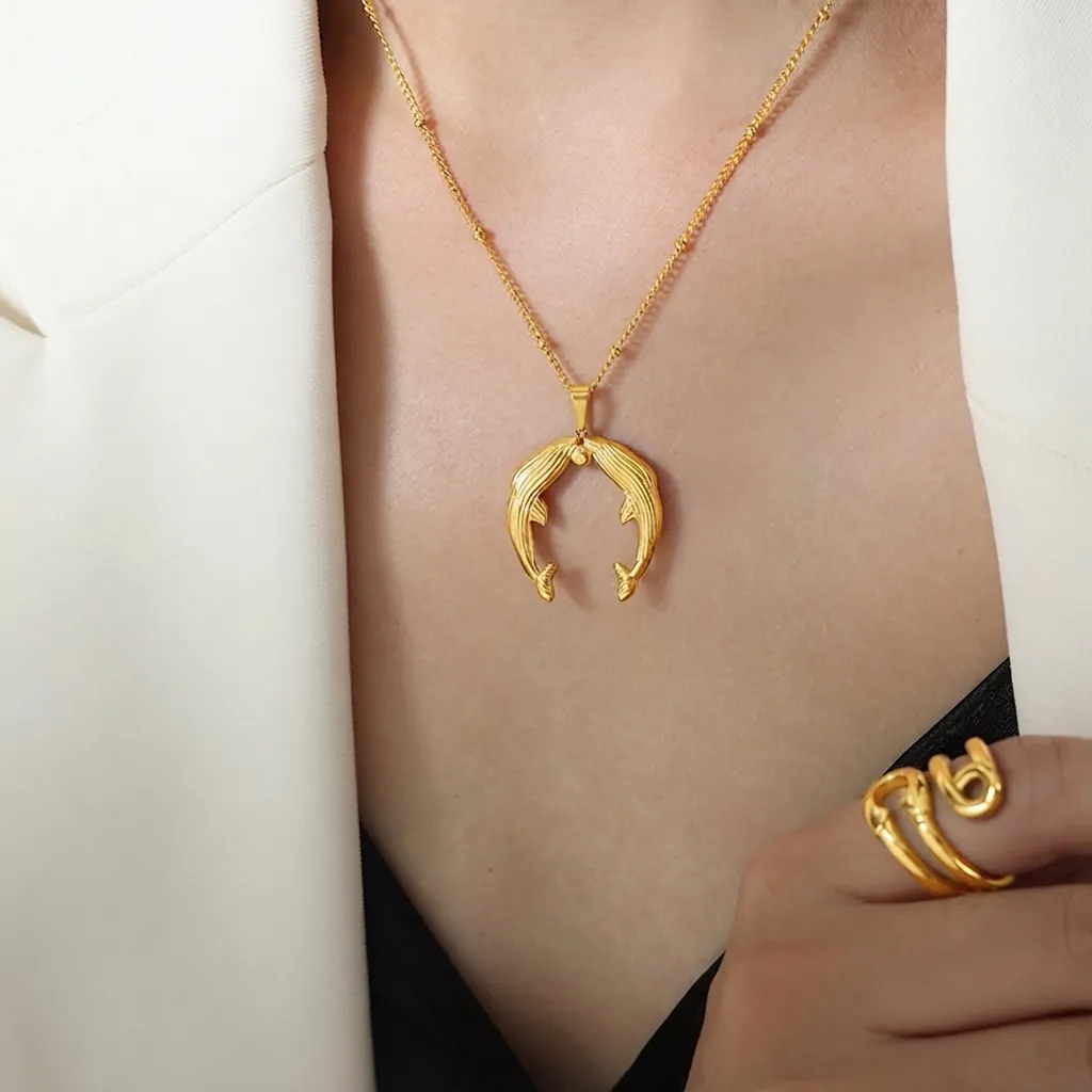 Dolphin Pendant Necklace And Earrings Stainless Steel 18K Gold Plated Textured Double Whale Tail Jewelry For Women