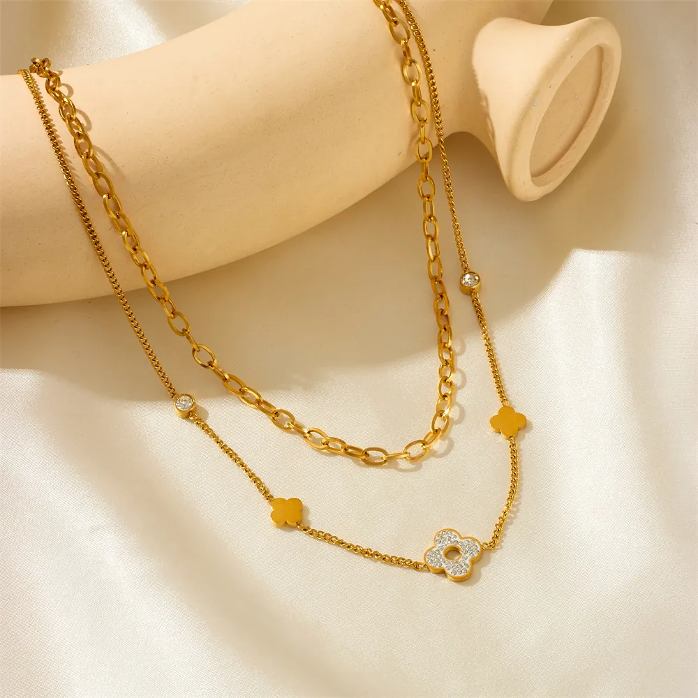 Double Layered Necklace Titanium Steel Gold Plated Cubic Zirconia Clover Pendant Flower Charm Elegant Jewelry For Women