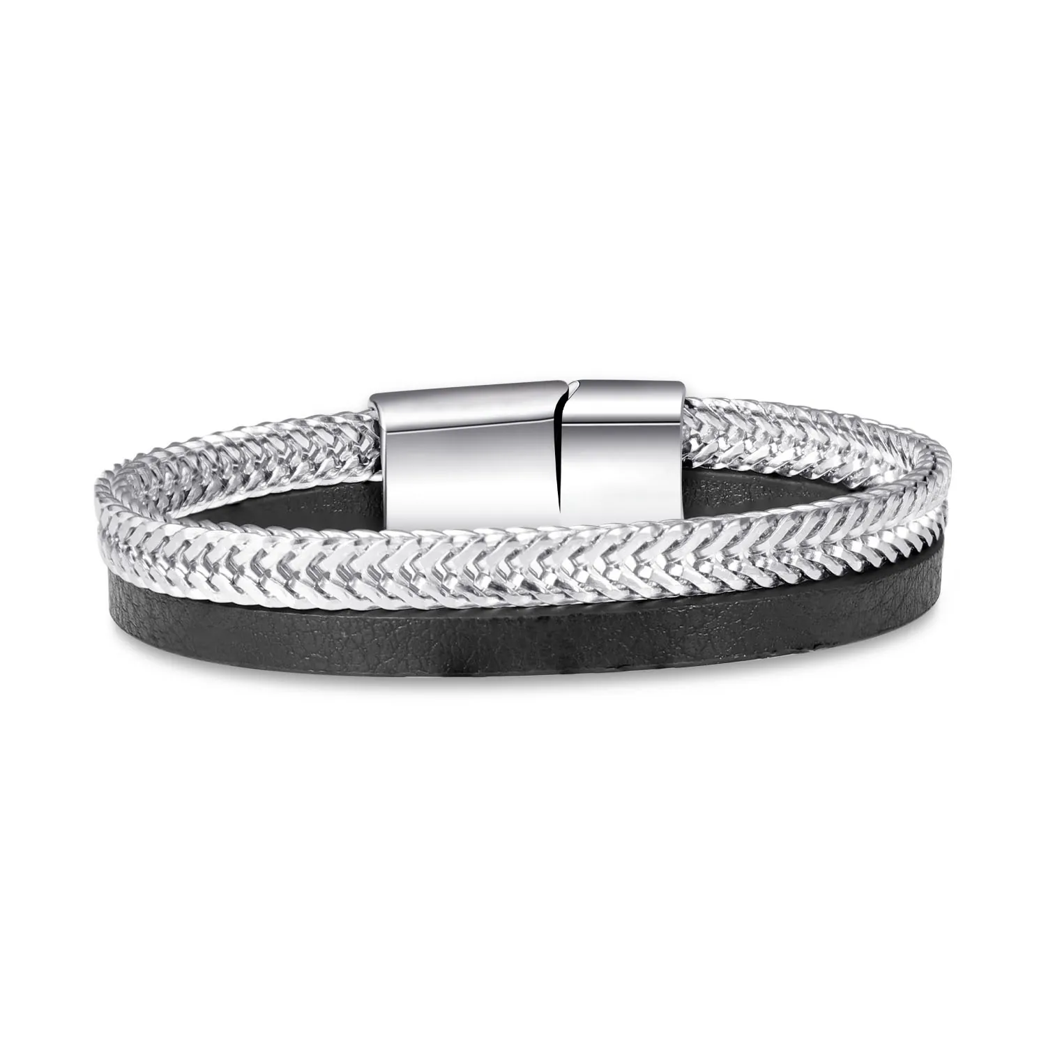 Double Layer Men Bracelet Stainless Steel Braided Metal And PU Leather Magnetic Clasp Fashion Punk Jewelry