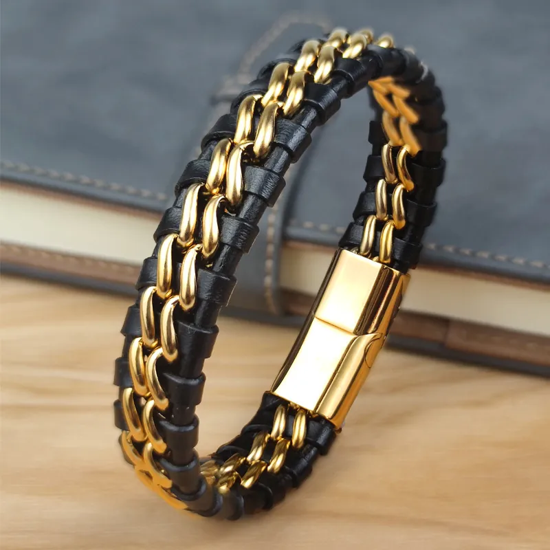 Men Double Layer Braided Leather Stainless Steel Chain Link Bracelet Magnetic Clasp Punk Retro Style Jewelry Gift