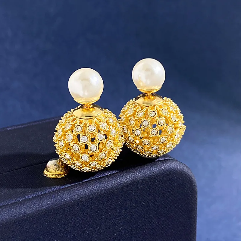 Double Sided Stud Earrings Copper Hollow Rhinestone Ball Faux Artificial Pearl Back Jacket Vintage Style For Women