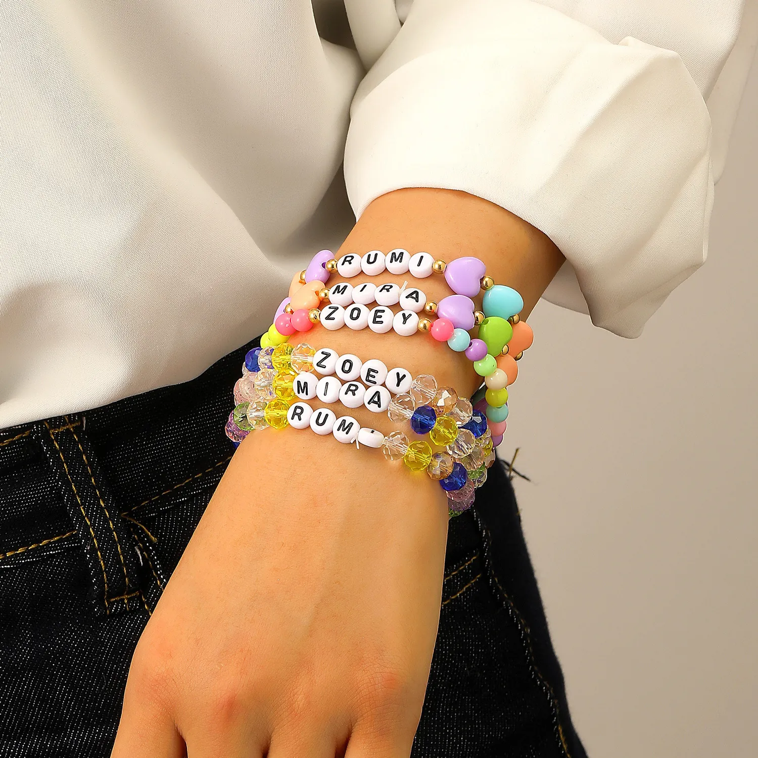 Conjunto de Pulseras Elásticas con Cuentas de Colores Estilo K-POP para Mujer con Letras Corazón Cuentas de Cristal Acrílico Joyería