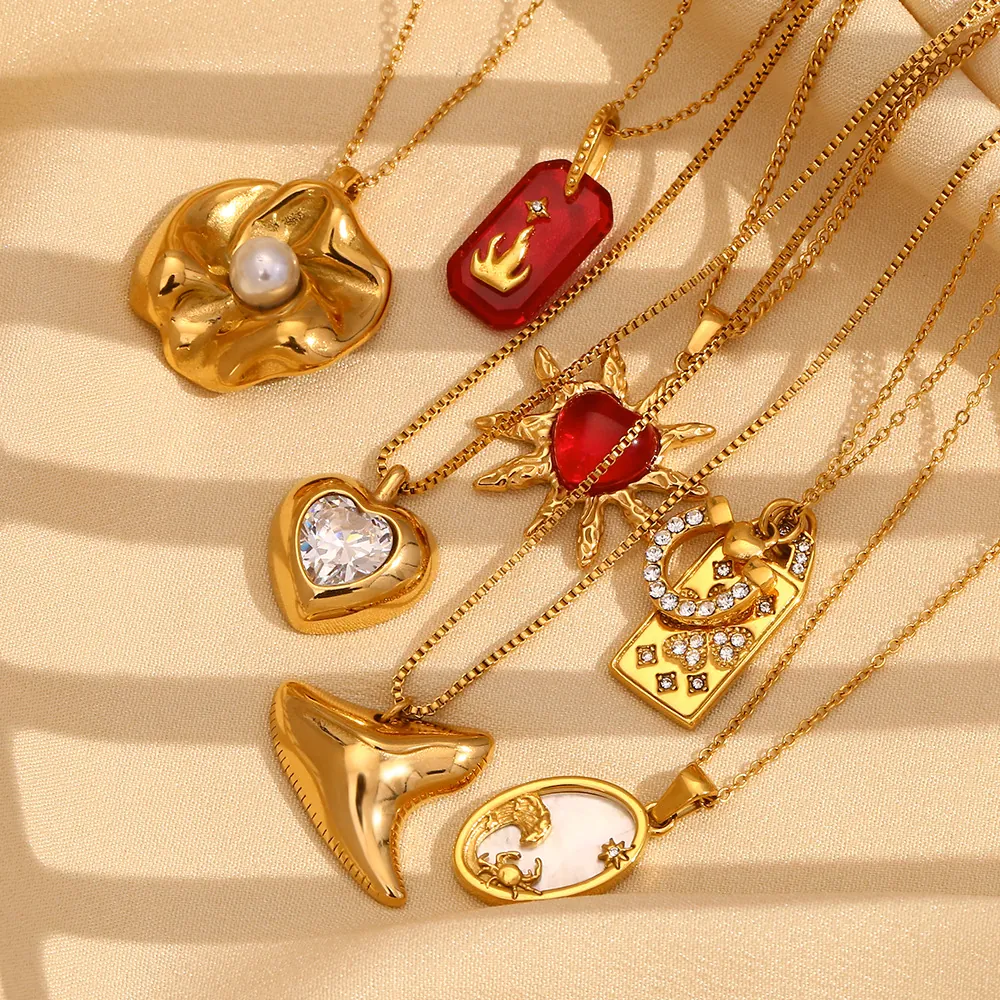 Vintage 18K Gold Plated Stainless Steel Pendant Necklace Women Elegant Zodiac Agate Shell Artificial Pearl Zircon Acrylic Jewelry