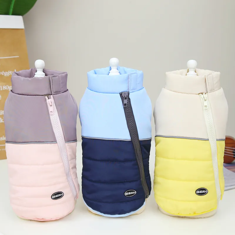 Dog Winter Warm Quilted Vest Jacket Thickened Windproof Padded Coat Two Legged Zipper Closure Patchwork Color Block Reflective
