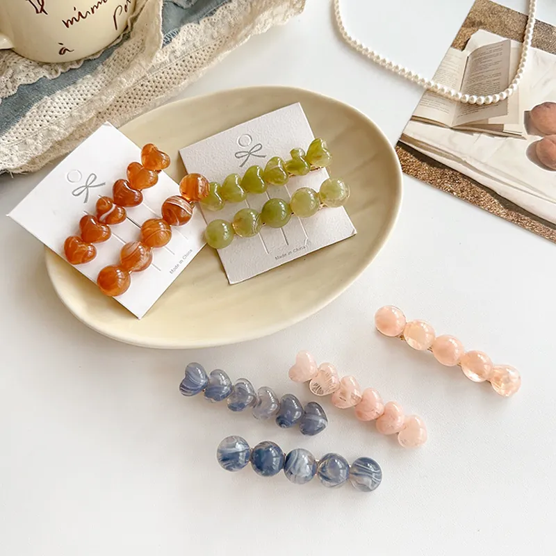 Hair Clips Heart Round Bead Acetate Resin Marble Texture Jelly Color Side Fringe Duckbill Pins For Women Sweet Korean Style