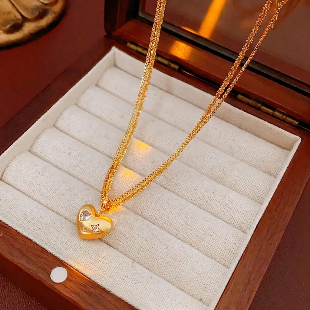 Collier Double Rang Pendentif Coeur Cuivre Plaqué Or Véritable Zircon Délicat Chaîne De Clavicule Pour Femmes Bijoux Vintage