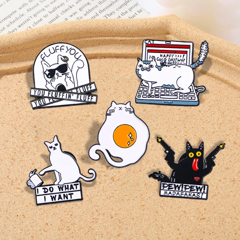 Funny Cartoon Cat Enamel Pins Alloy Drip Oil Badges Personal Humor Slogan Brooches For Clothing Bags Decor