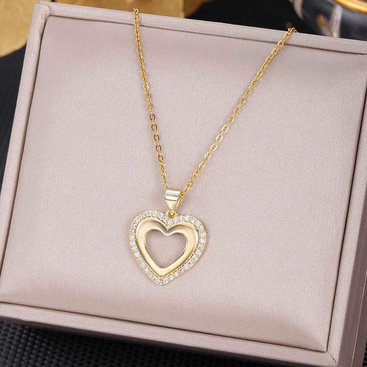 Heart Pendant Necklace Gold Copper Hollow Geometric Double Heart With White Zirconia Rhinestones Elegant Jewelry For Women
