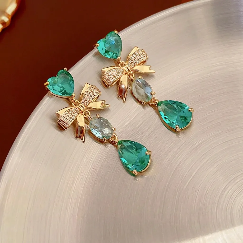 French Elegant Green Heart And Waterdrop Long Drop Earrings With Bow Zircon Copper Gold Plated Silver Earring Post For Women