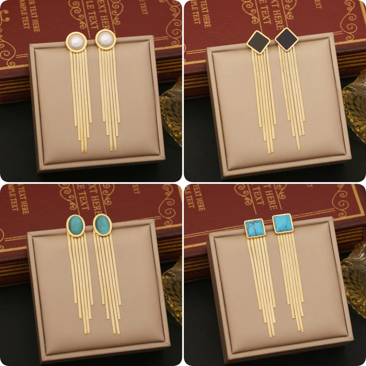 Long Tassel Drop Earrings Stainless Steel Vintage Geometric Artificial Pearl Cat Eye Stone Elegant Fashion Jewelry For Women