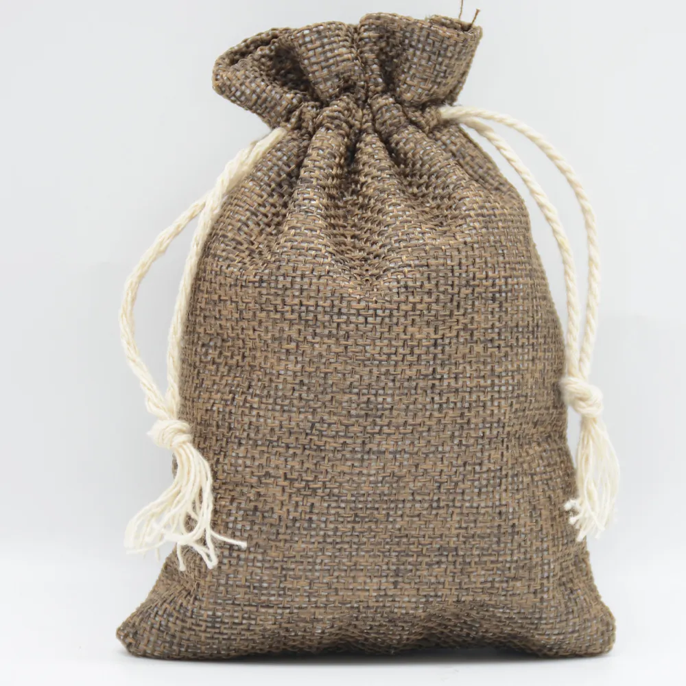Vintage Linen Burlap Drawstring Bags With Cotton Rope Plain Small Pouches For Gift Jewelry Packaging Wedding Party Favors