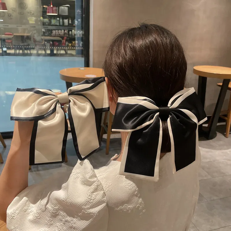 French Elegant Oversized Bow Scrunchie Satin Satin Texture Contrast Piping Hair Tie Ponytail Holder For Women