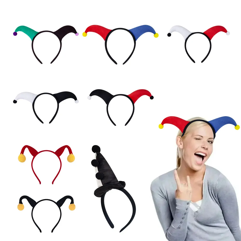 Jester Clown Headband Plush Knit Fabric Halloween Carnival Cosplay Costume Accessory Colorful Pompoms Festive Masquerade Hair Hoop