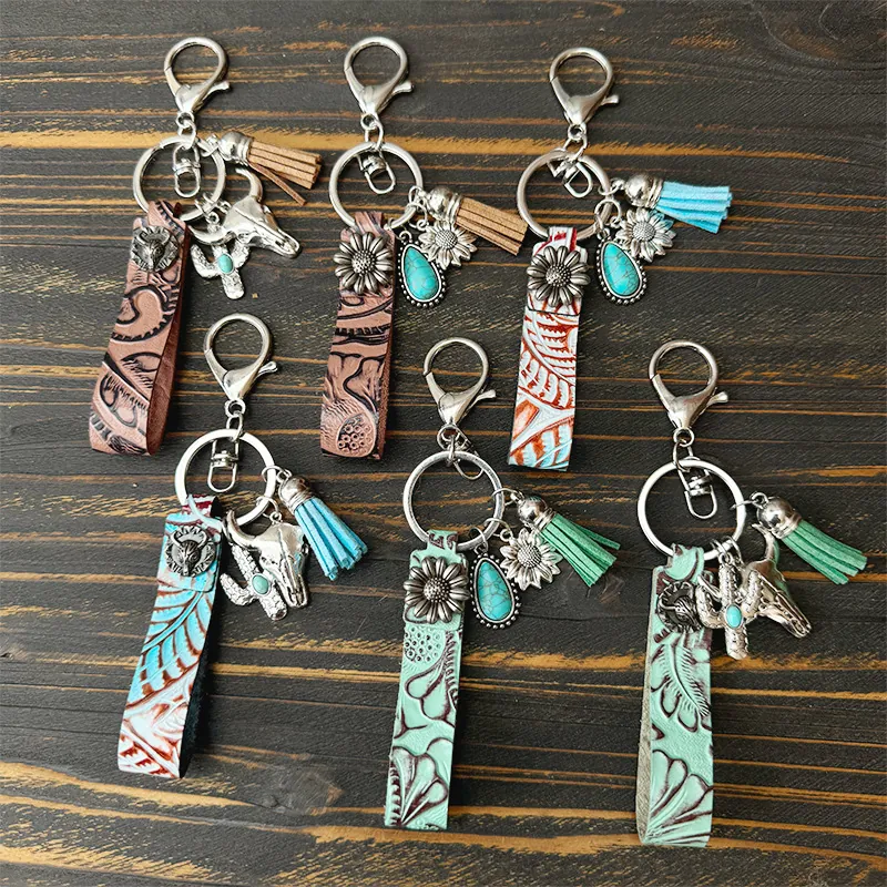 Porte-Clés En Cuir Cowboy Western Peau De Vache Gaufrée Avec Breloques Alliage Pendentif Turquoise Franges Rétro