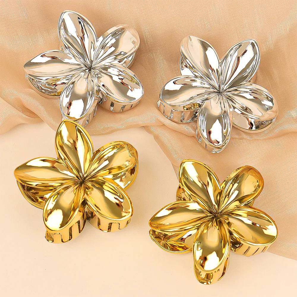Large Frangipani Flower Hair Claw Clip Metal Alloy Plated Shark Grip Elegant Floral Hair Accessory For Women