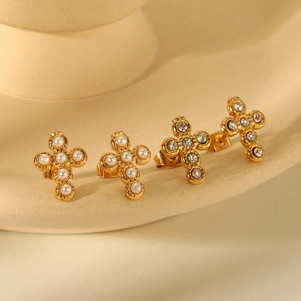 Cross Stud Earrings Stainless Steel 18K Gold Plated Inlaid Artificial Pearl Cubic Zirconia Geometric Fashion Jewelry For Women
